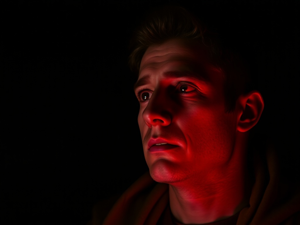person watching a film intently in a dark room, screen light reflecting in eyes, deep focus expression