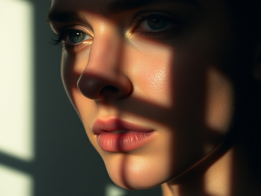 A close-up of a face under soft lighting with shadows casting dramatically across the face, creating depth.