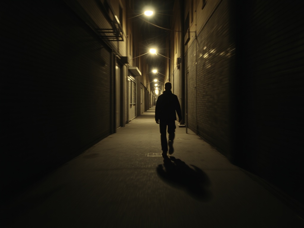 A slow motion tracking shot following a character moving through a dark alley, the lighting flickering from street lamps in the distance.