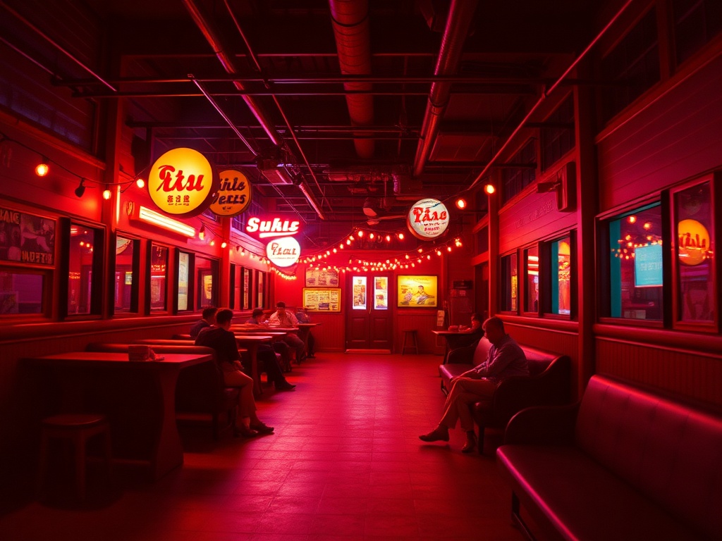 A vibrant film set with deep contrasting colors, evoking a sense of warmth and nostalgia.