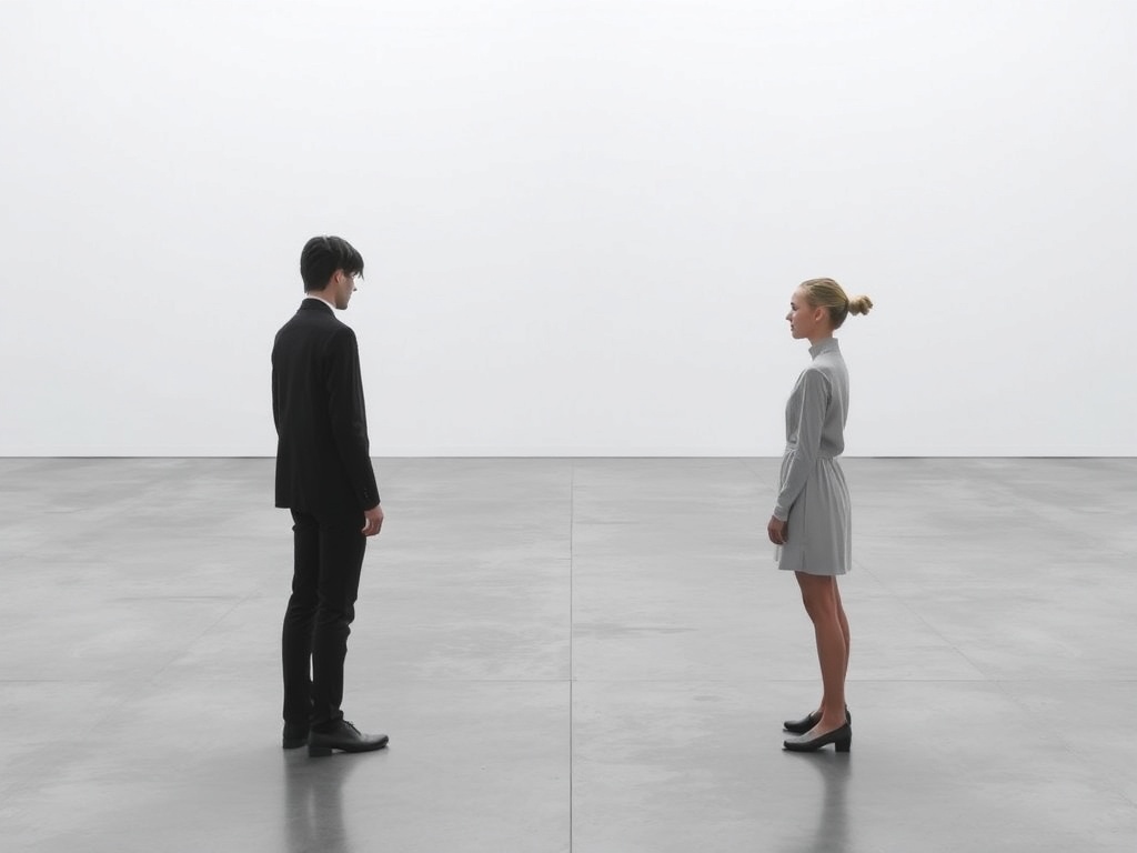 Two characters standing across from each other in a sparse, empty room, emphasizing the distance between them.