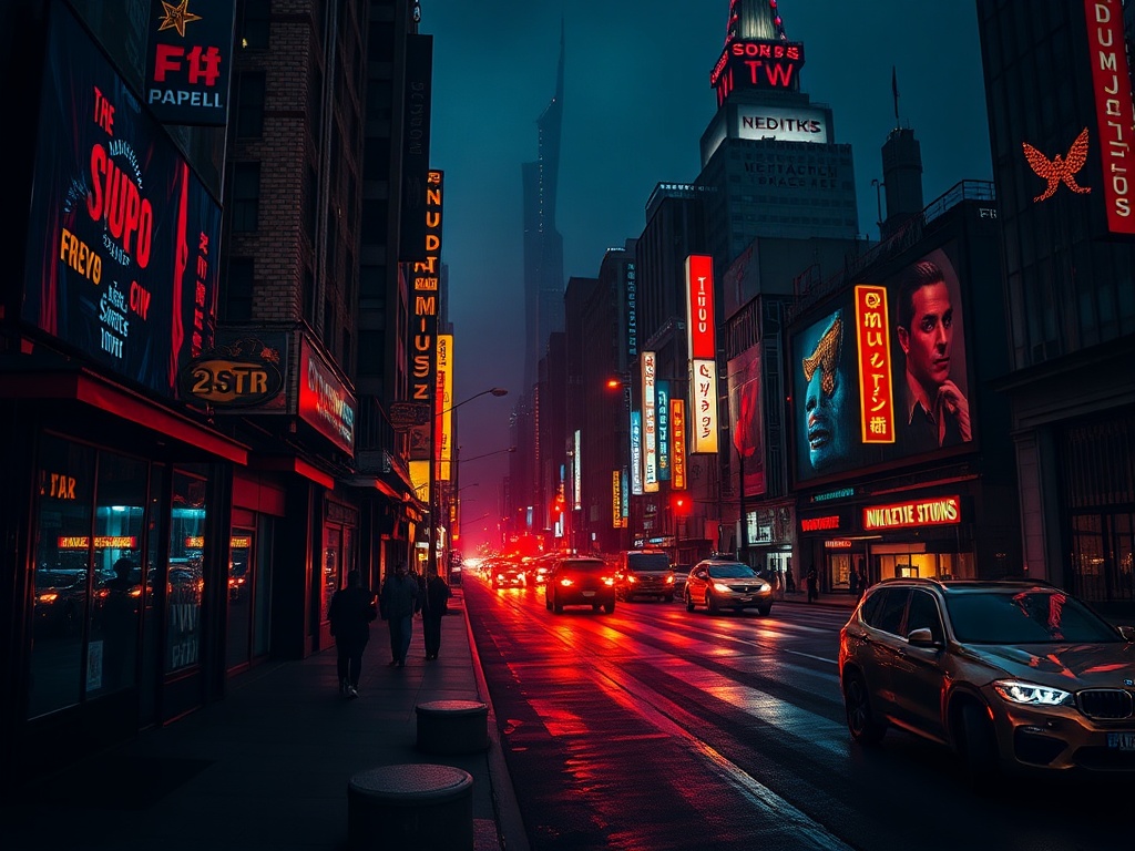 cinematic night city scene with rich colors, neon reflections, deep contrast, textured digital grain