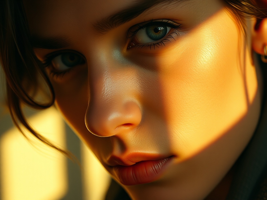 close-up cinematic portrait with natural film grain, warm lighting, detailed skin texture, classic film look