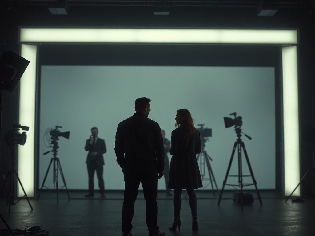 dark modern movie set with flat lighting, actors in front of digital backdrop, muted colors, cinematic but lifeless atmosphere