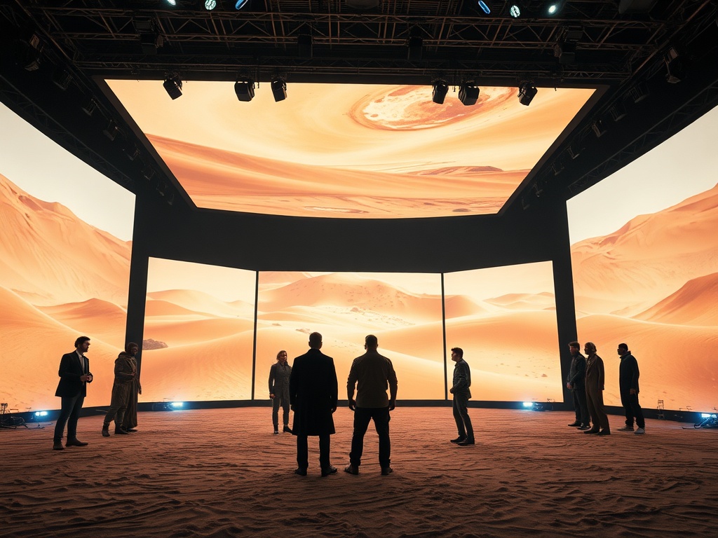 film set using LED volume stage with actors surrounded by giant screens displaying a desert environment, slightly artificial lighting