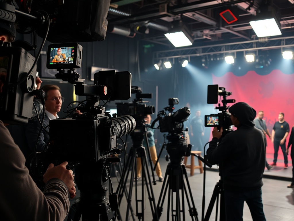 film set with multiple cameras capturing same scene from different angles, chaotic production environment