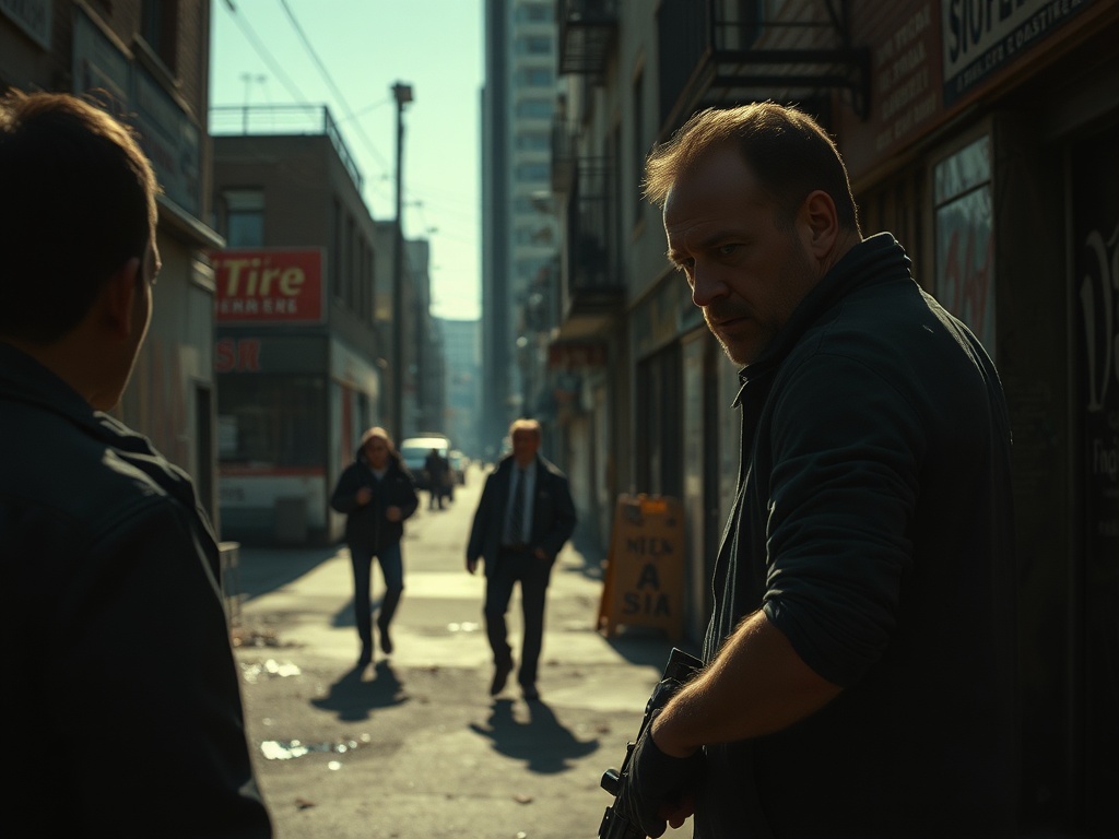gritty thriller scene in real urban location, natural lighting, strong shadows, cinematic framing