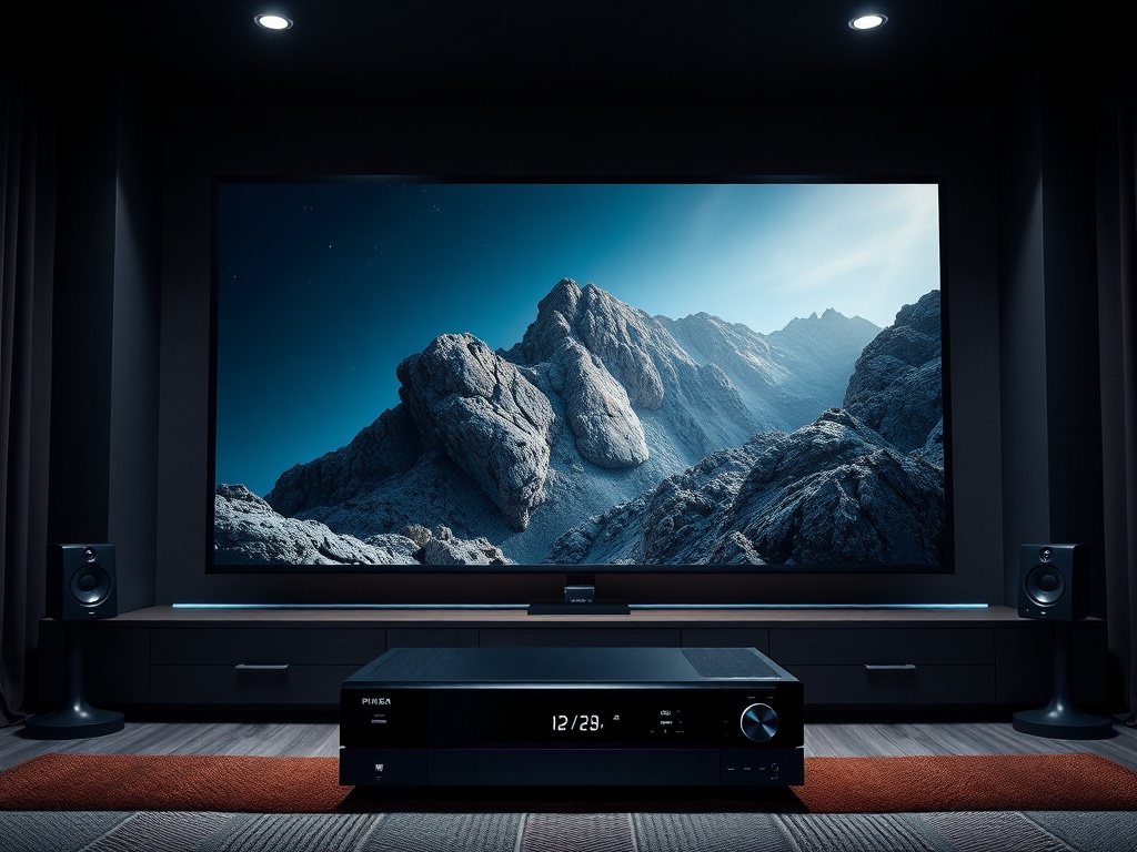 home theater setup with 4k blu-ray player, large screen displaying high quality cinematic image with deep contrast