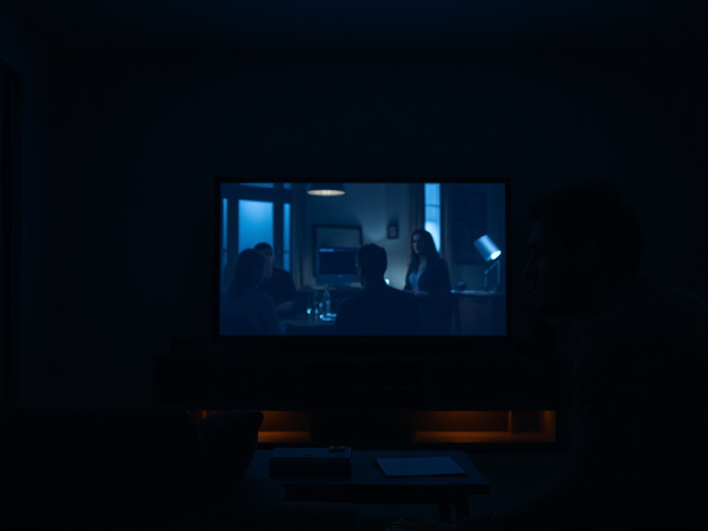a dimly lit living room with a glowing television showing a dark, low-contrast movie scene, viewer leaning forward squinting, cinematic atmosphere