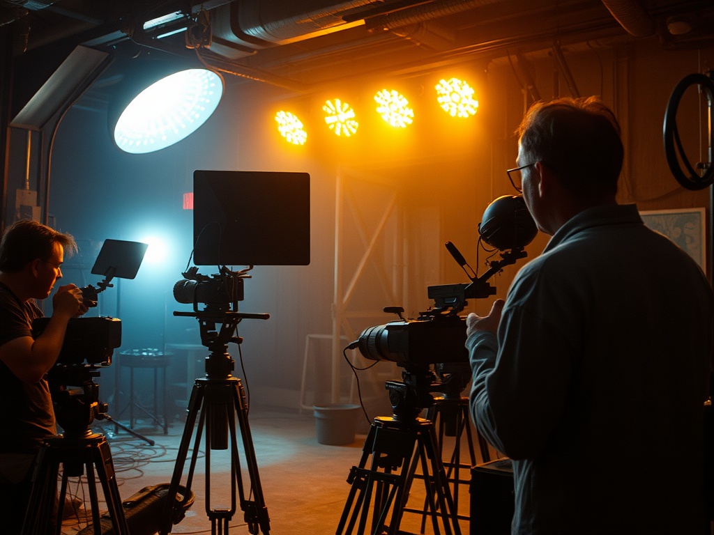 behind the scenes of a 90s film set with practical effects and physical lighting rigs, gritty authentic atmosphere