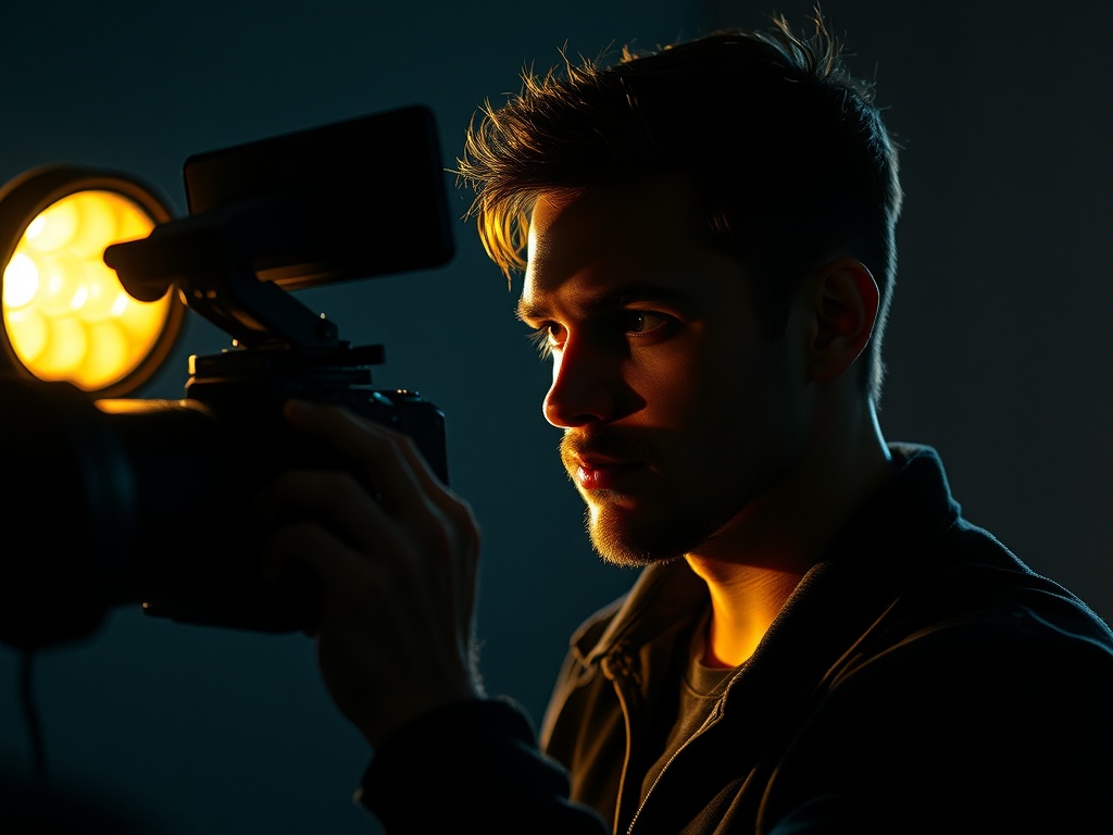 cinematographer adjusting practical lights on set creating strong contrast shadows on actor face, dramatic lighting