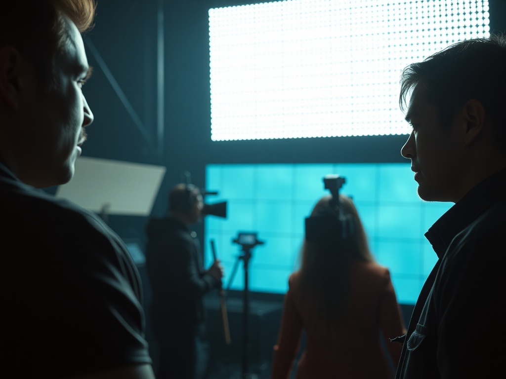 close-up of a modern film set with LED volume screens glowing behind actors, cool tones, slightly artificial lighting