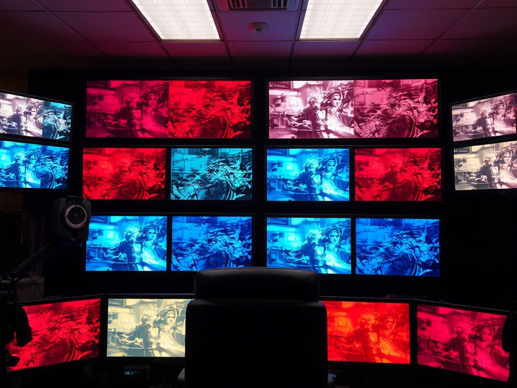 color grading suite with multiple monitors showing different versions of same film scene, dramatic color differences