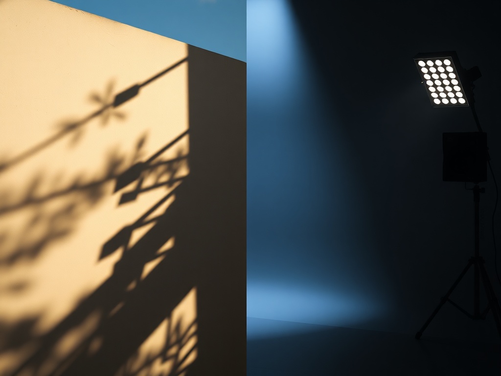 comparison style cinematic lighting, one side natural sunlight casting complex shadows, other side flat studio LED lighting