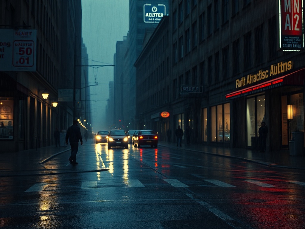 gritty cinematic frame inspired by 90s thriller, rain-soaked city street with strong shadows and practical lights