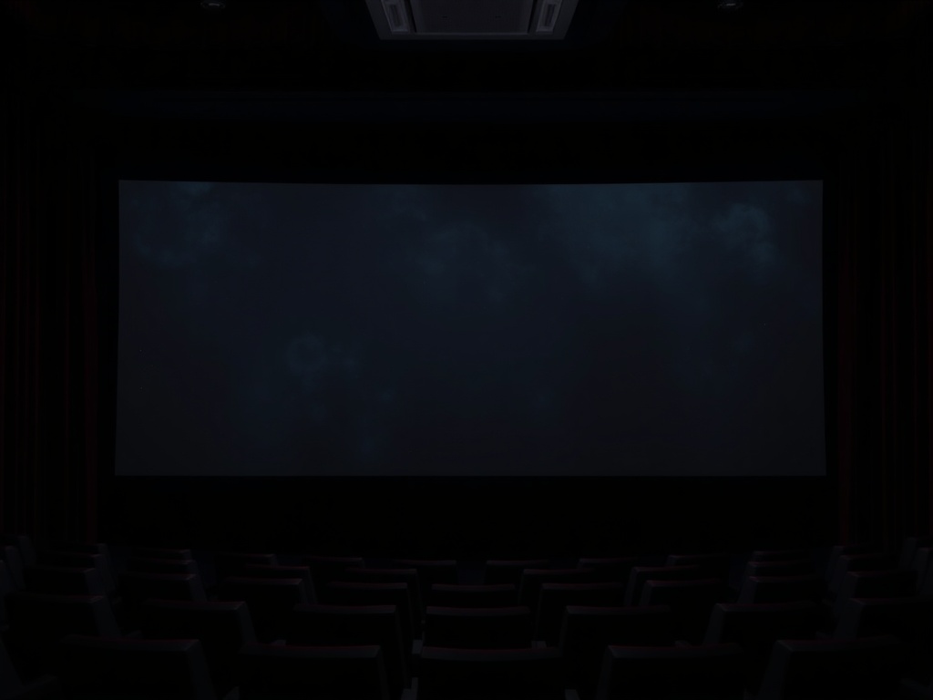 a cinematic theater screen showing a film with mismatched aspect ratio, distorted edges, dark ambient lighting