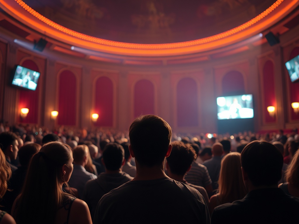 cinematic scene with perfect framing, wide-angle shot, glowing ambient light, audience watching