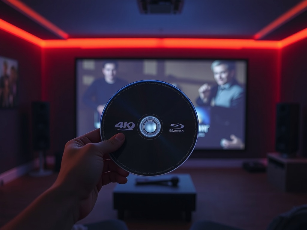 hands holding a 4K Blu-ray disc in a dimly lit room with a projector setup in the background