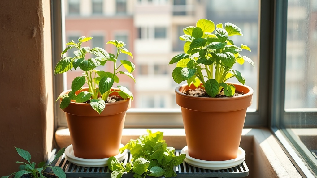 Renter-friendly balcony container garden with herbs and leafy greens in lightweight pots, no drilling, no blocked exits