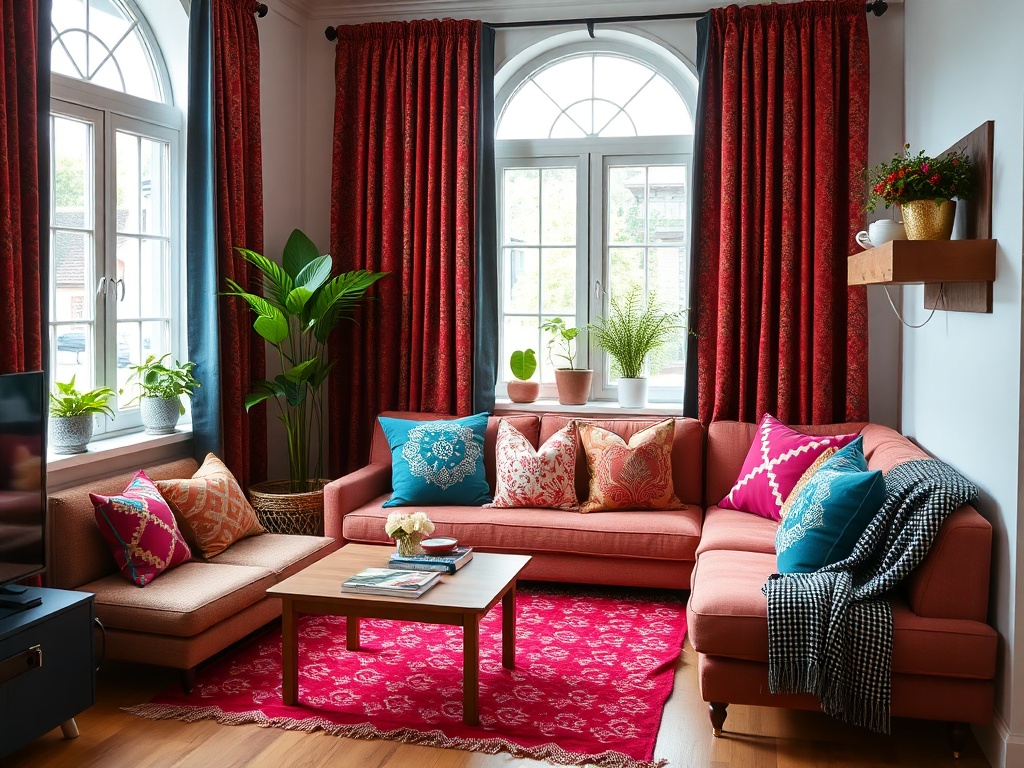 apartment with vibrant fabric cushions and throws