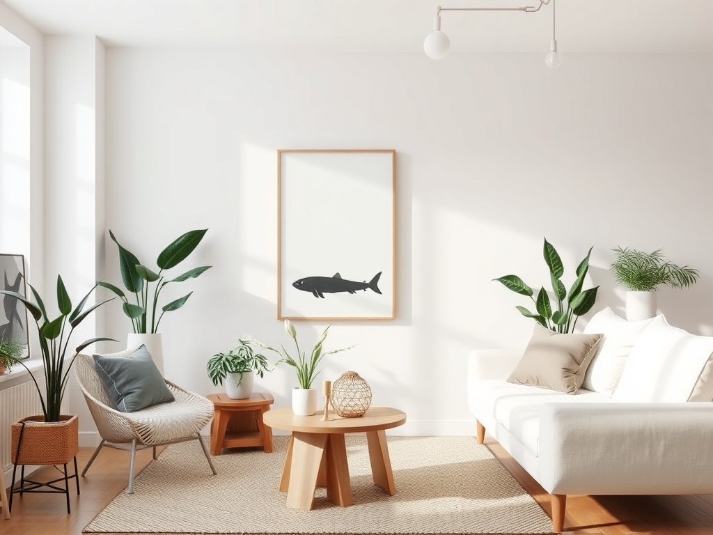 minimalist living room with DIY art and plants