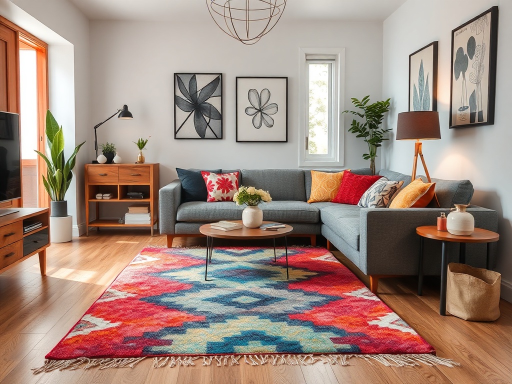 a colorful rug on the floor of a small living room with modern decor