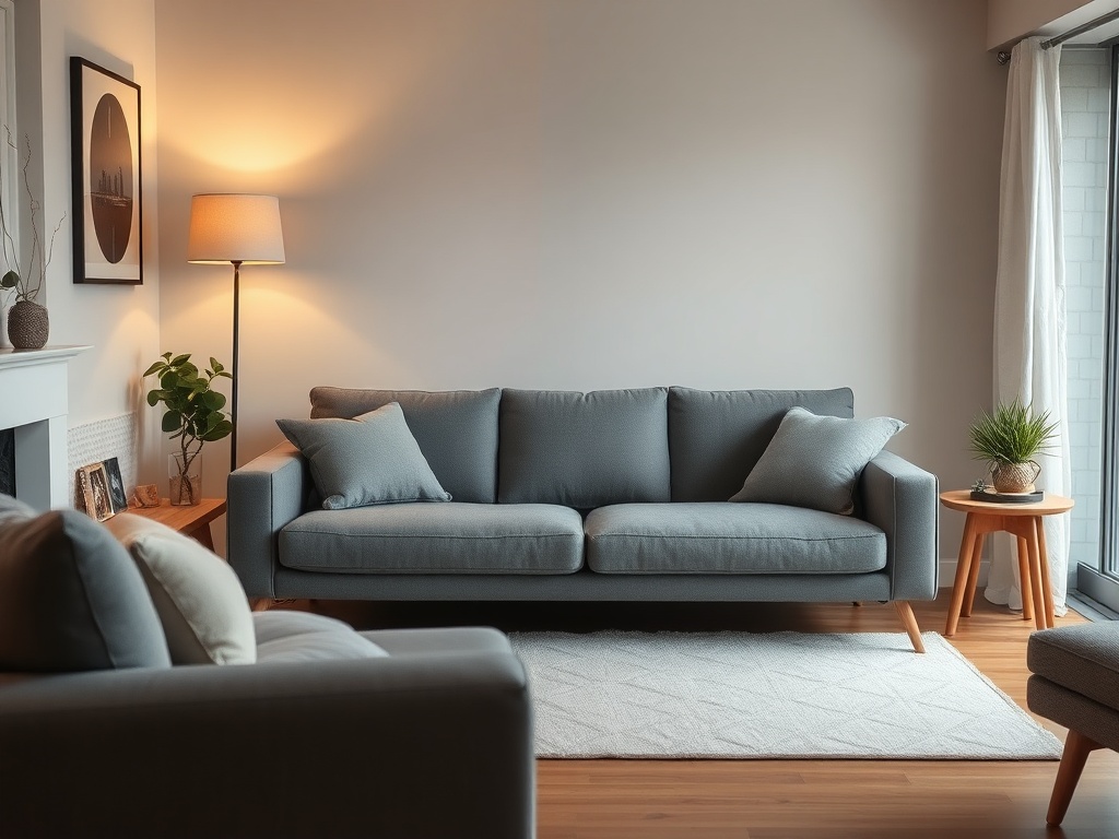 a compact, comfortable grey sofa in a cozy living room with soft lighting
