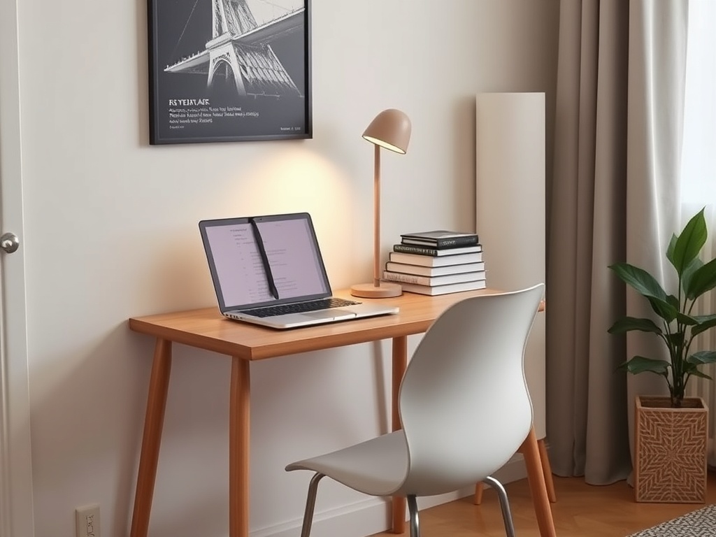a compact desk with a laptop and a few books on it in a small apartment
