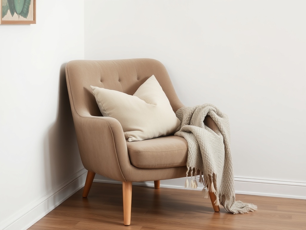 a cozy armchair in a corner with soft pillows and a throw blanket
