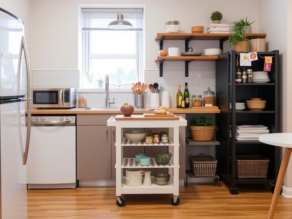 a kitchen cart with extra storage and shelving in a small apartment kitchen