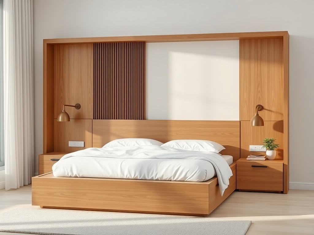 a minimalist modern bed frame with built-in storage and soft white bedding