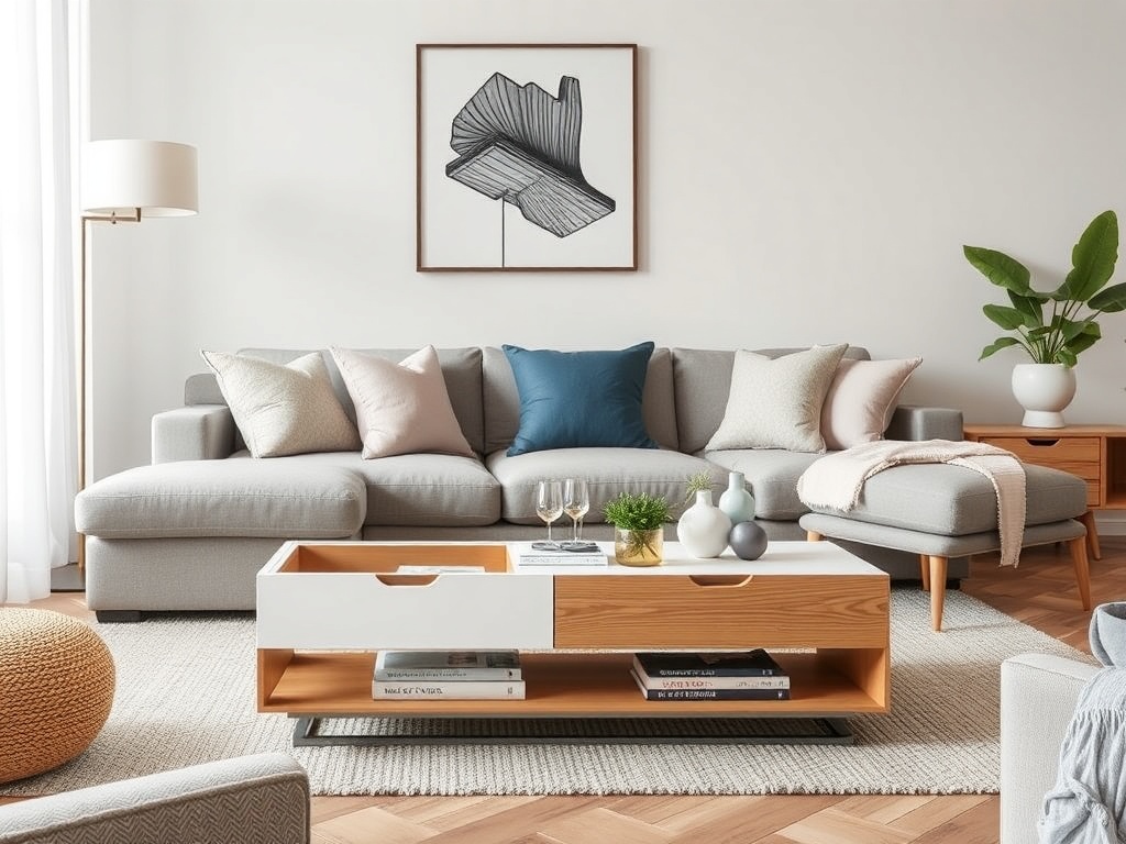 a modern coffee table with storage in a small living room setting