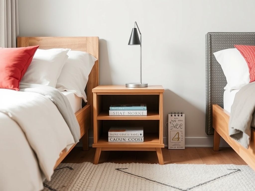 a simple nightstand with storage next to a bed