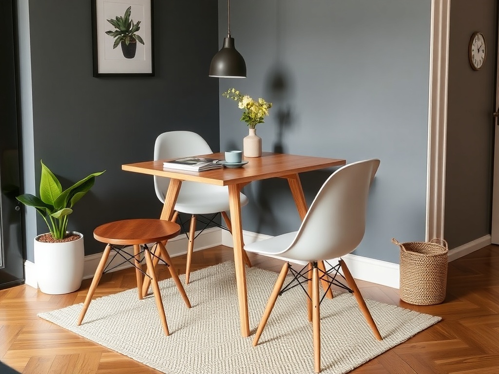 a small but versatile dining table that doubles as a desk in a small apartment