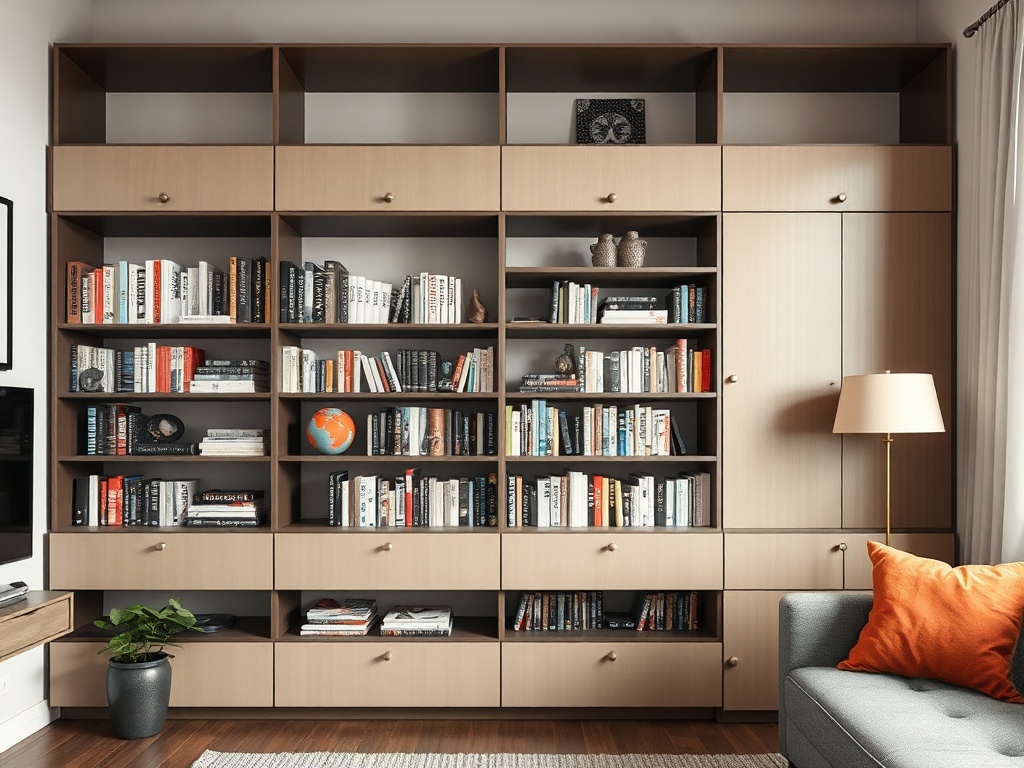 a stylish bookshelf in a small apartment with open and closed shelving