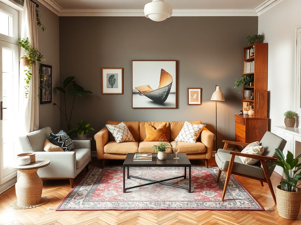 eclectic apartment with mismatched furniture pieces that still look cohesive and cozy
