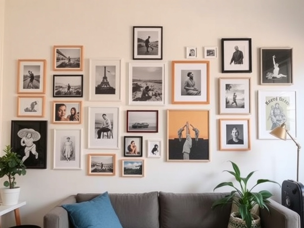 gallery wall made of prints, photos, and DIY art in a small apartment