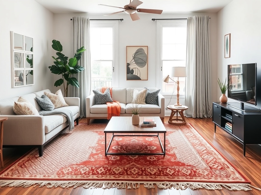 layered budget rugs in a small apartment living room creating a cozy vibe