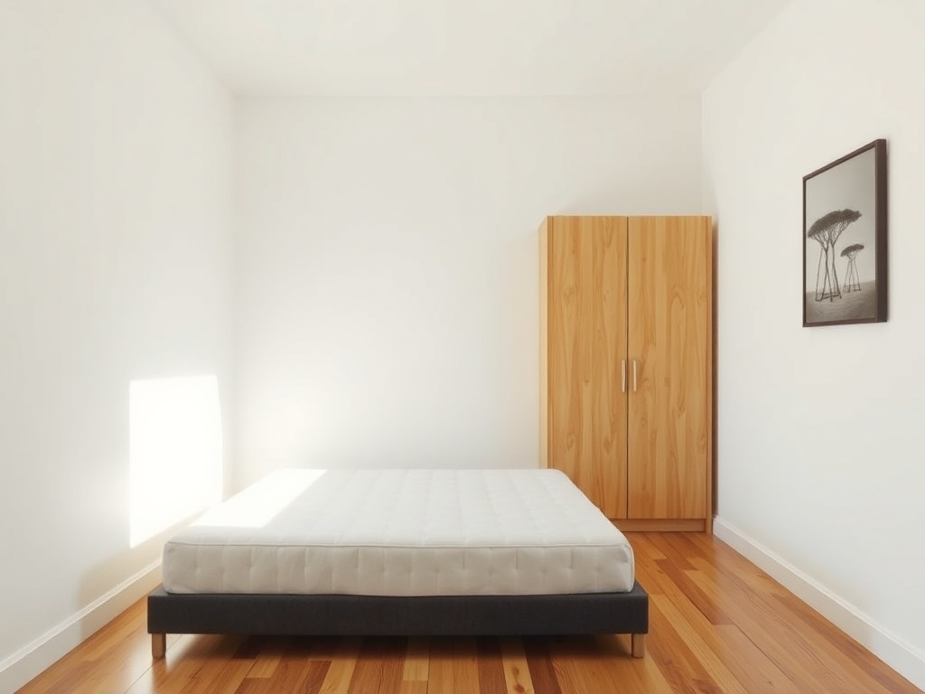 minimal bedroom with mattress on floor and simple wooden frame nearby, realistic small apartment setup