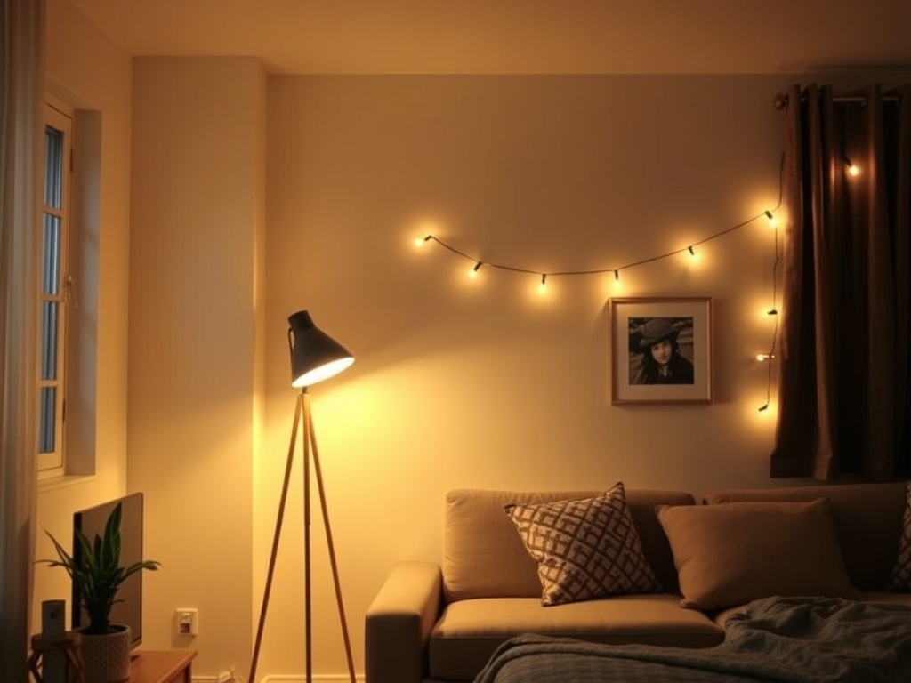 renter friendly lighting like floor lamp and string lights in cozy apartment
