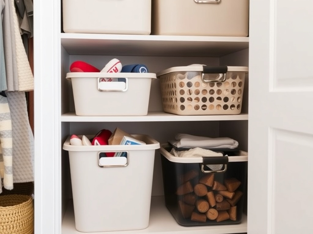 simple affordable storage bins in a closet with everyday items neatly stored