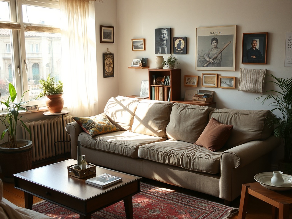 slightly worn but cozy secondhand couch in a small apartment living room with sunlight and mismatched decor