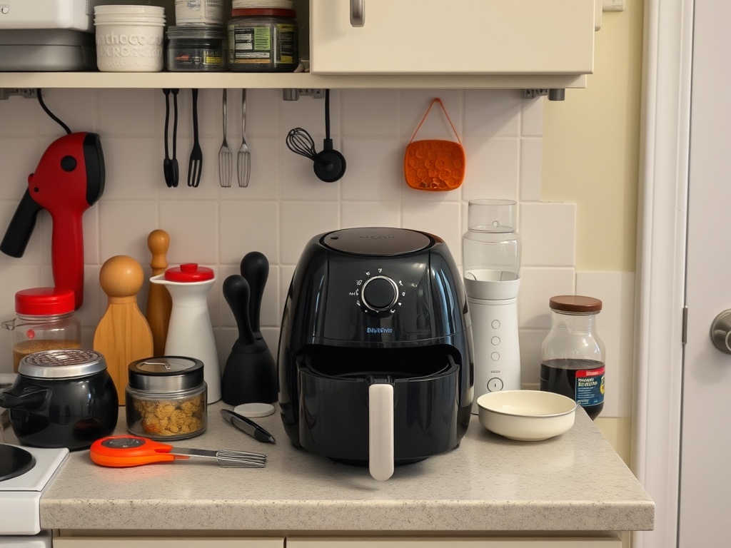 small cluttered kitchen counter with unused gadgets and one simple air fryer being used