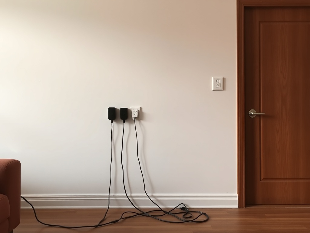 apartment wall with awkwardly placed outlets far from furniture, cords stretched across floor