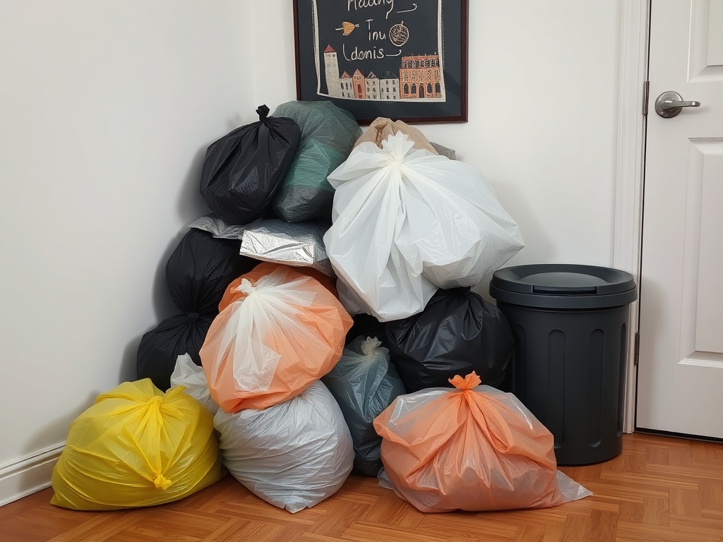 corner of apartment with random garbage bags piling up without a proper trash can