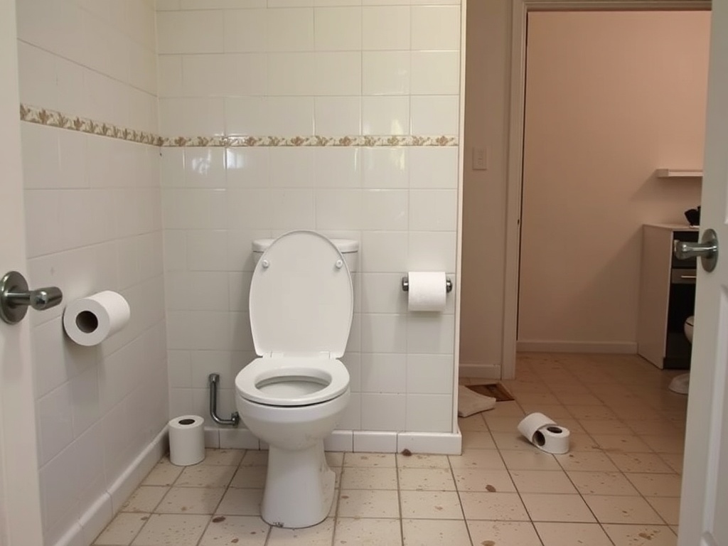 empty bathroom with toilet and no toilet paper roll, slightly messy apartment setting