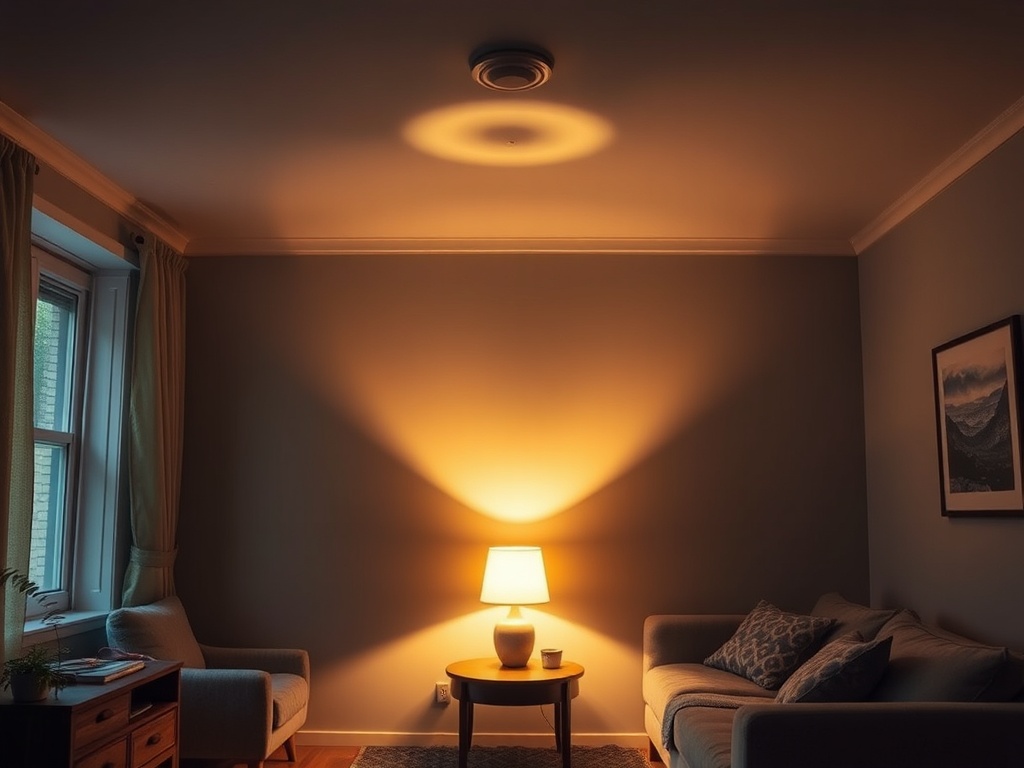 harsh overhead apartment lighting casting unflattering shadows, compared to warm cozy lamp lighting