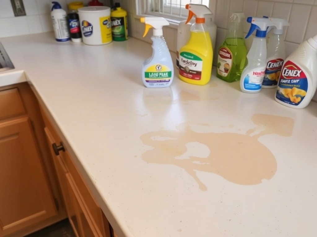 kitchen counter with visible grease and landlord special paint drips, cleaning supplies nearby