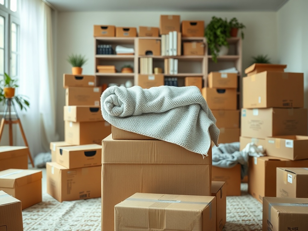 moving boxes everywhere and one clean towel placed on top, realistic apartment chaos