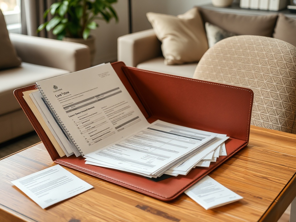 organized folder with lease papers, receipts, and notes on table in apartment